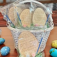 (Set of 10) Personalized Easter Eggs Painting Kit with Kid’s Name Wooden Egg Brush Paints, Easter Decoration with Doodle Kid for DIY Design Basket Stuffer Arts and Crafts Set Easter Gifts for Children