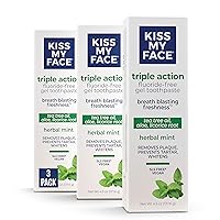 Kiss My Face Triple Action Toothpaste Gel, Herbal Mint Flavor, Removes Plaque, Whitens Teeth, Prevents Tartar, with Tea Tree Oil and Aloe, Fluoride Free, Vegan, 4.5 oz, 3 Pack