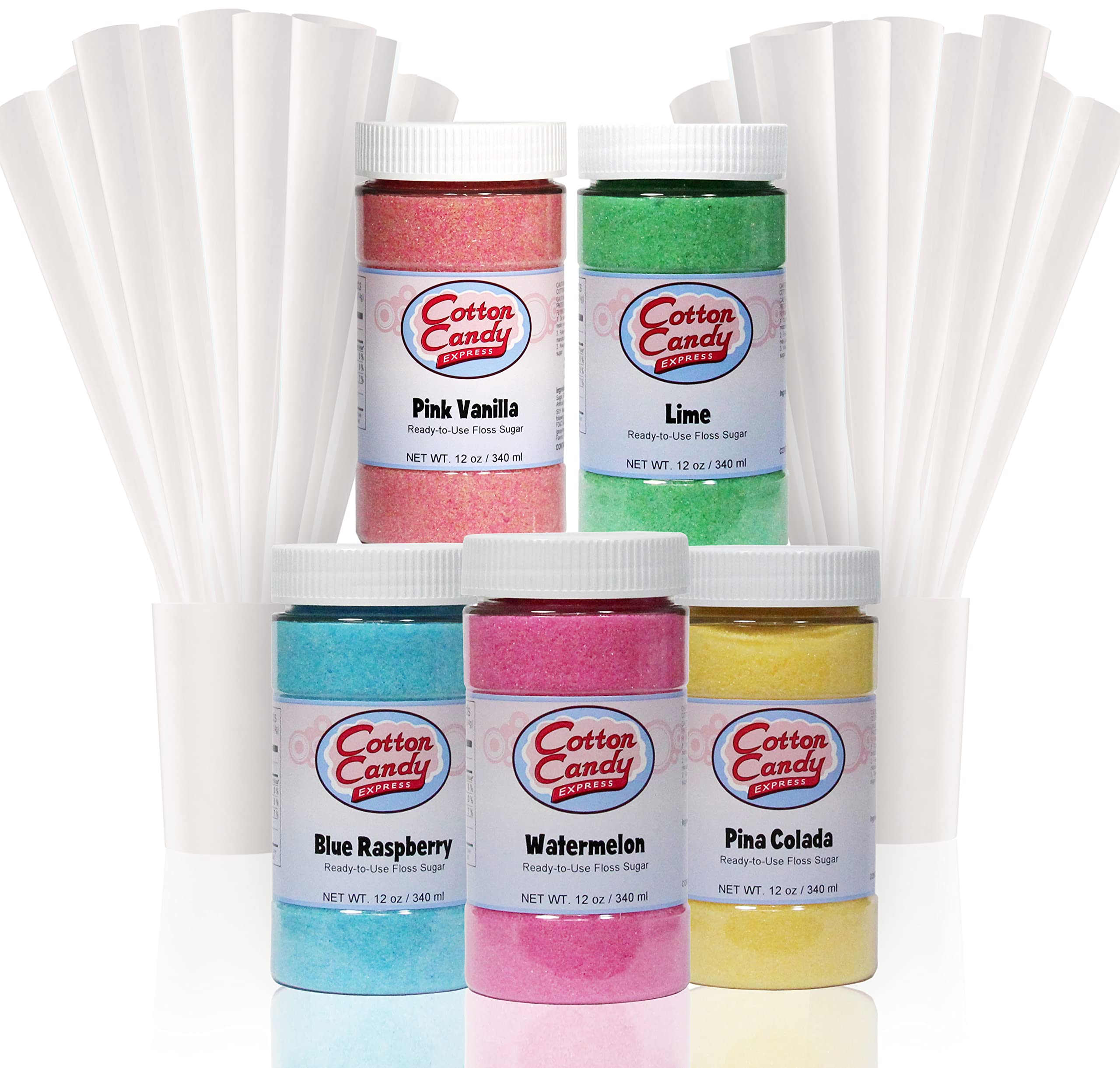 Cotton Candy Express 100-Count Paper Cones with Pink Vanilla, Lime, Blue Raspberry, Watermelon, and Pina Colada 11-Ounce Floss Sugar Jars for Cotton Candy Making