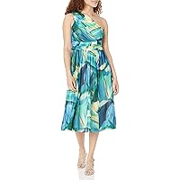 London Times Women's Ruched One Shoulder Mesh Midi Dress Guest of Occasion Wedding Event