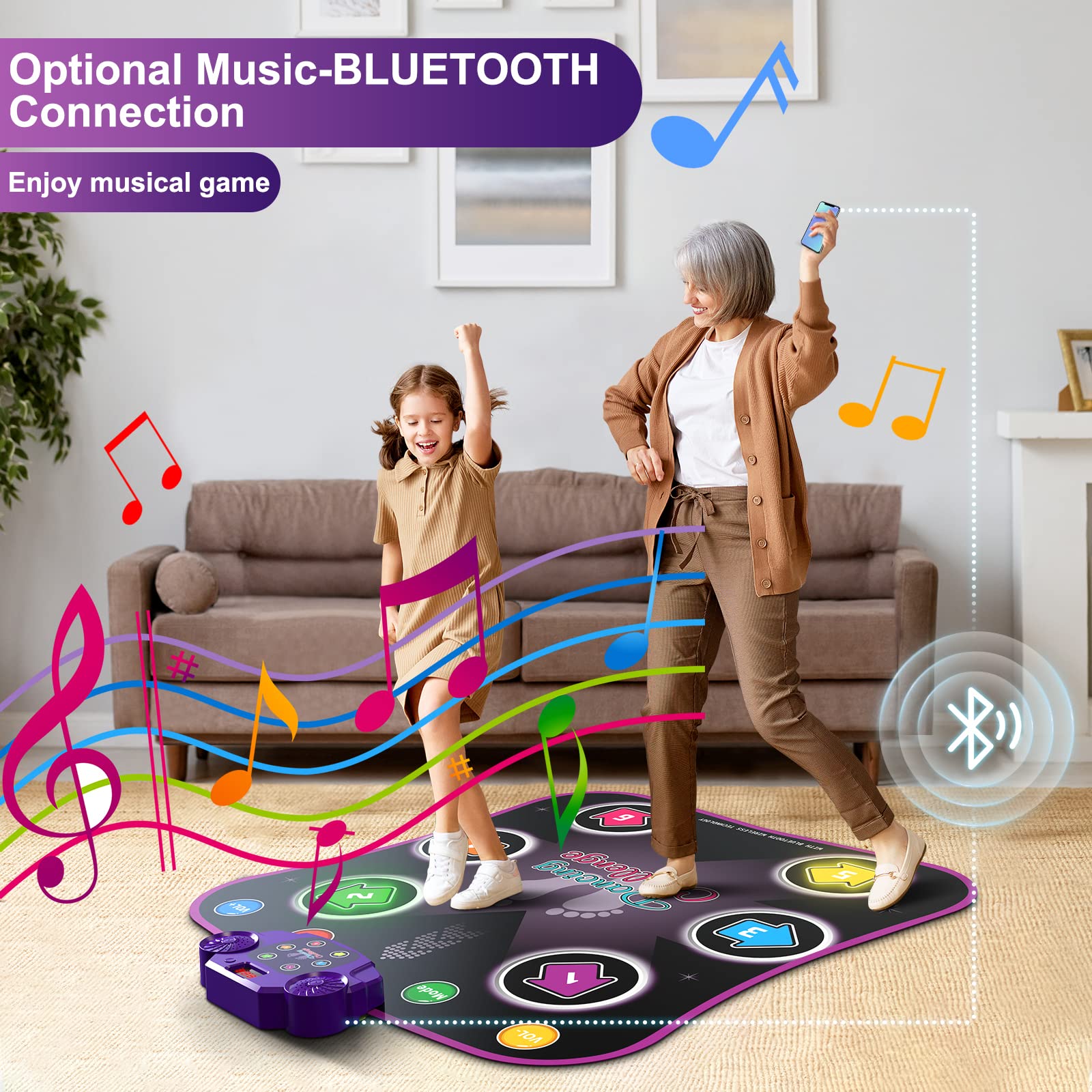 Flooyes Dance Mat Toys for 3-12 Year Old Kids, Electronic Dance Pad with Light-up 6-Button & Wireless Bluetooth, Music Dance Game Mat with 5 Game Modes, Gifts for 3 4 5 6 7 8 9 10+ Year Old Girls
