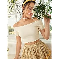 Women's Tops Women's Shirts Sexy Tops for Women Lettuce Trim Off Shoulder Tee (Color : Beige, Size : X-Large)