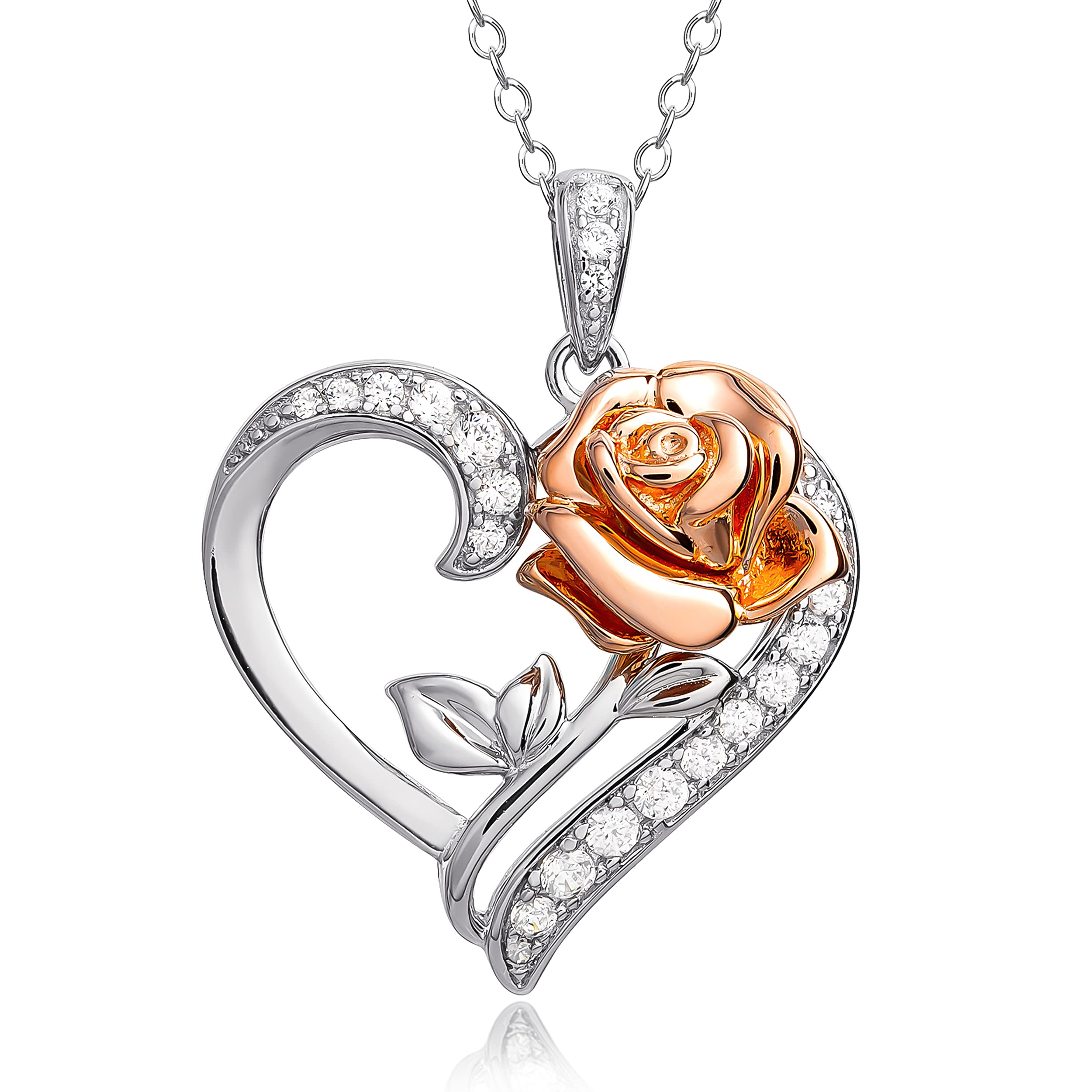 Disney Jewelry for Women - Beauty and the Beast Two Tone Rose and Heart Sterling Silver Pendant Necklace, Pink Gold Plate, Cubic Zirconia Accents, 18