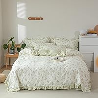 AOJIM Ruffle Duvet Cover Cotton Queen Size (90x90 Inch), Farmhouse Chic Comforter Cover Set with Green Dreamy Floral, Soft Breathable Vintage Style Quilt Cover 3 Pieces (No Comforter)