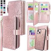 Harryshell Compatible with iPhone 15 / iPhone 14 / iPhone 13 6.1 inch 5G Wallet Case Detachable Removable Phone Cover Zipper Cash Pocket Multi Card Slots Wrist Strap Lanyard (Floral Rose Gold)