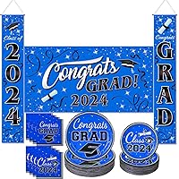 203 Pack Blue Graduation Party Supplies class of 2024, 200 Pcs Graduation Plates and Napkins (Serve 50) and 3 Pcs Graduation Banner Personalized Graduation Wall Decorations