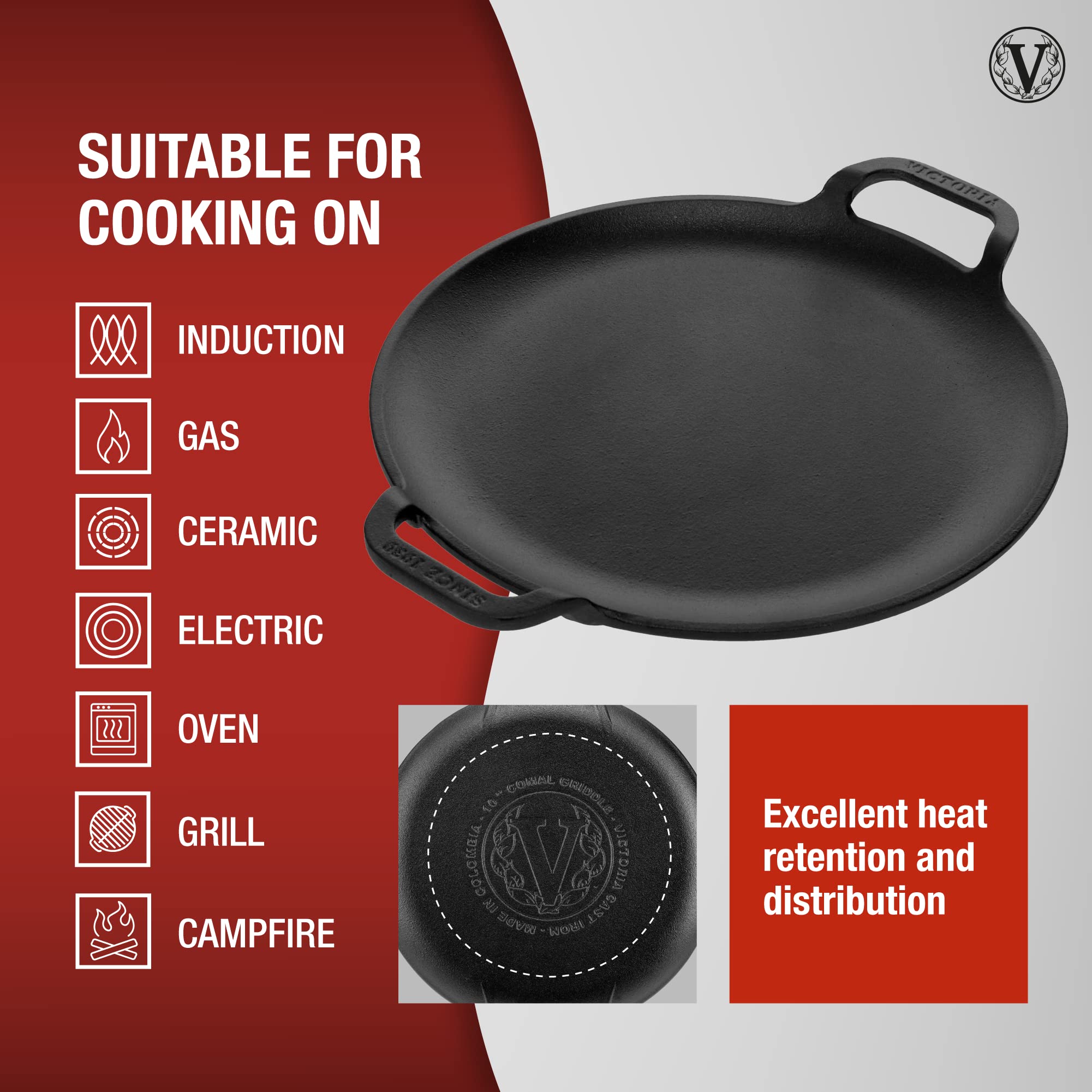Victoria 10-Inch Cast-Iron Comal Pizza Pan with 2 Side Handles, Preseasoned with Flaxseed Oil, Made in Colombia