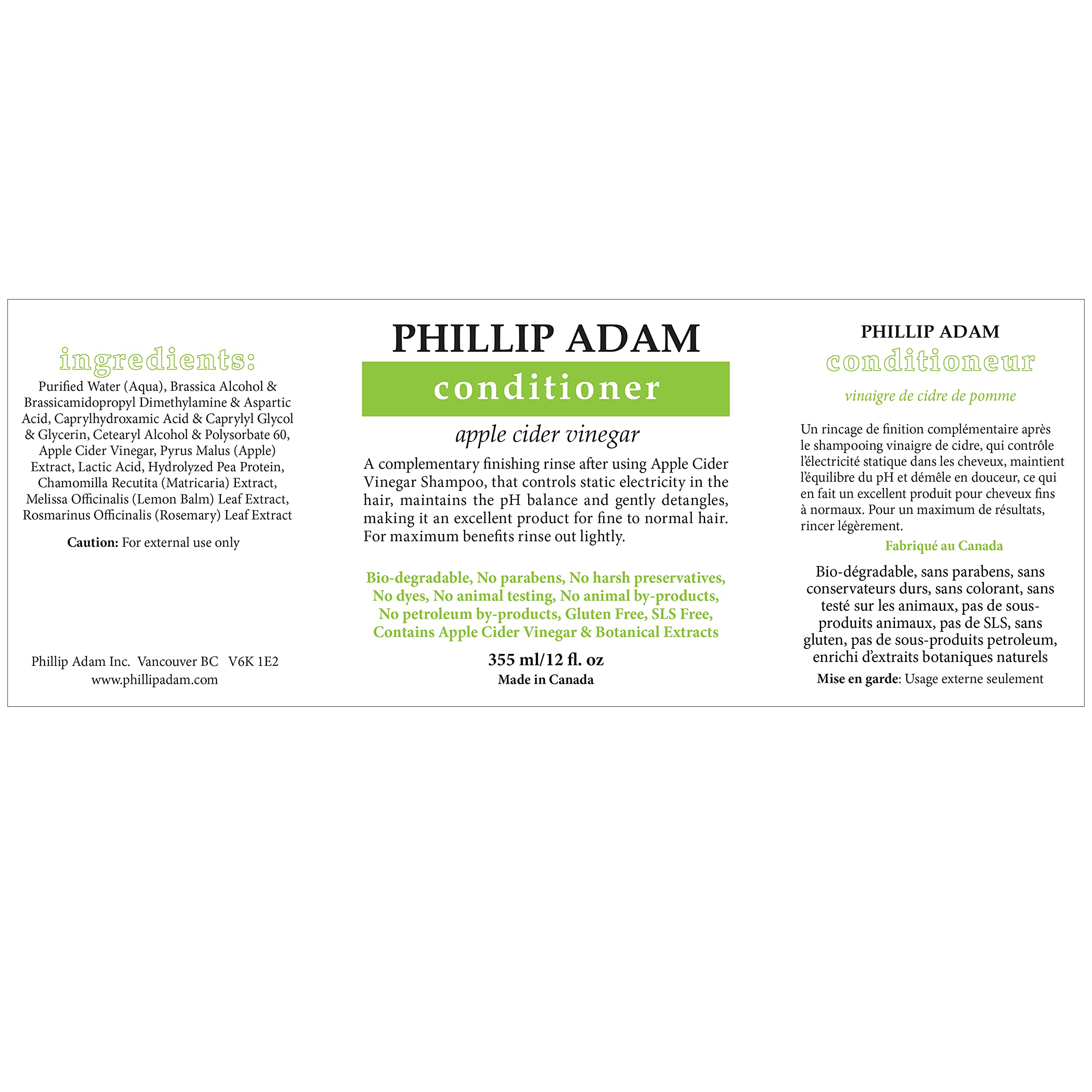 Phillip Adam Apple Cider Vinegar Conditioner for Shiny Hair - No Harsh Preservatives - For All Hair Types - 12 Ounce