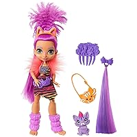Mattel Cave Club Roaralai Doll (8-10-inch, Purple Hair) Poseable Prehistoric Fashion Doll with Dinosaur Pet and Accessories, Gift for 4 Year Olds and Up