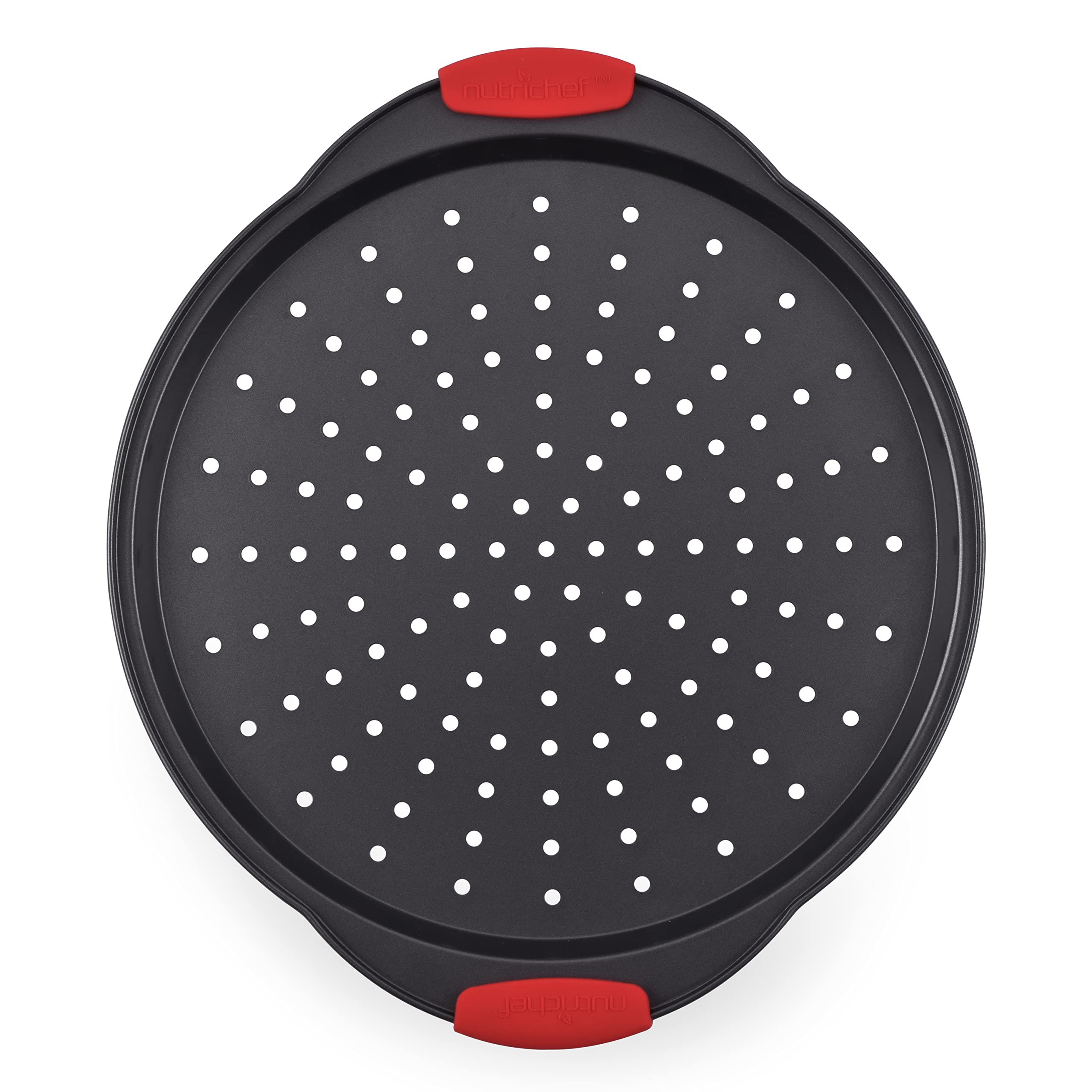NutriChef Non-Stick Pizza Tray - with Silicone Handle, Round Steel Non-stick Pan with Perforated Holes, Premium Bakeware, Pizza Tray with Silicone and Oversized Handle, Dishwasher Safe - NCBPIZ6