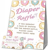 JCVUK Baby Shower Games, 1 Diaper Raffle Standing Sign with 50 Diaper Raffle Tickets,Donut Love Theme Babyshower Party Decorations and Supplies For Boys or Girls(LBLK-B07)