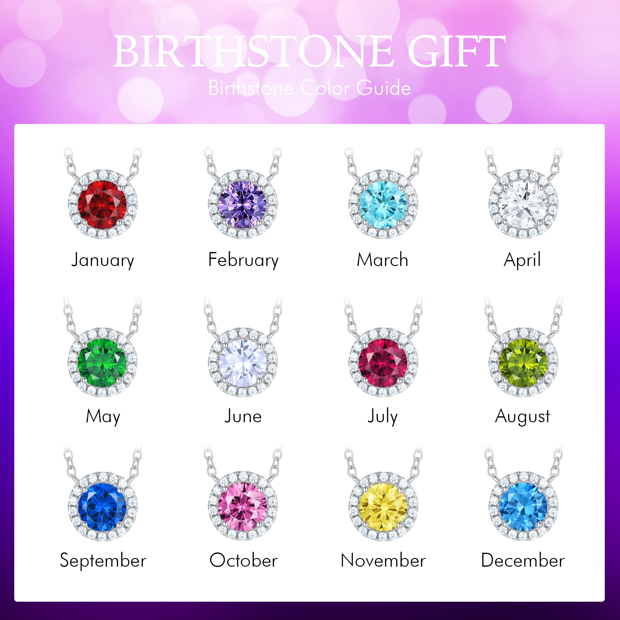 Gloffery 925 Sterling Silver Birthstone Necklaces for Women with Created-Gems or CZ Round/Heart Cut Halo Pendant Jewelry,Mother's Day Anniversary Birthday Gift for Women Girl Wife Girlfriend Female