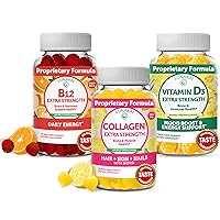 Collagen, Vitamin D3 and Vitamin B12 Bundle - Anti Aging Protein Supplements for Men & Women, Immunity, Bone and Mood Support, Vitamin B12 3000 mcg Gummies Bundle for Adults