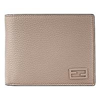 FENDI FF Logo Plaque Light Gray Pebbled Calf Leather Bifold Wallet