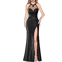 VFSHOW Womens Formal Illusion Halter Keyhole Back Prom High Slit Maxi Dress Wedding Guest Applique Twist Front Evening Gown