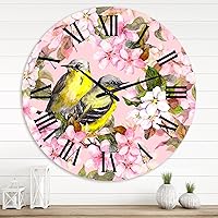 Traditional Wall Clock 'Pink Cherry Sakura and Apple Flowers with Birds I' Animals Large Wall Clock for Home Decor