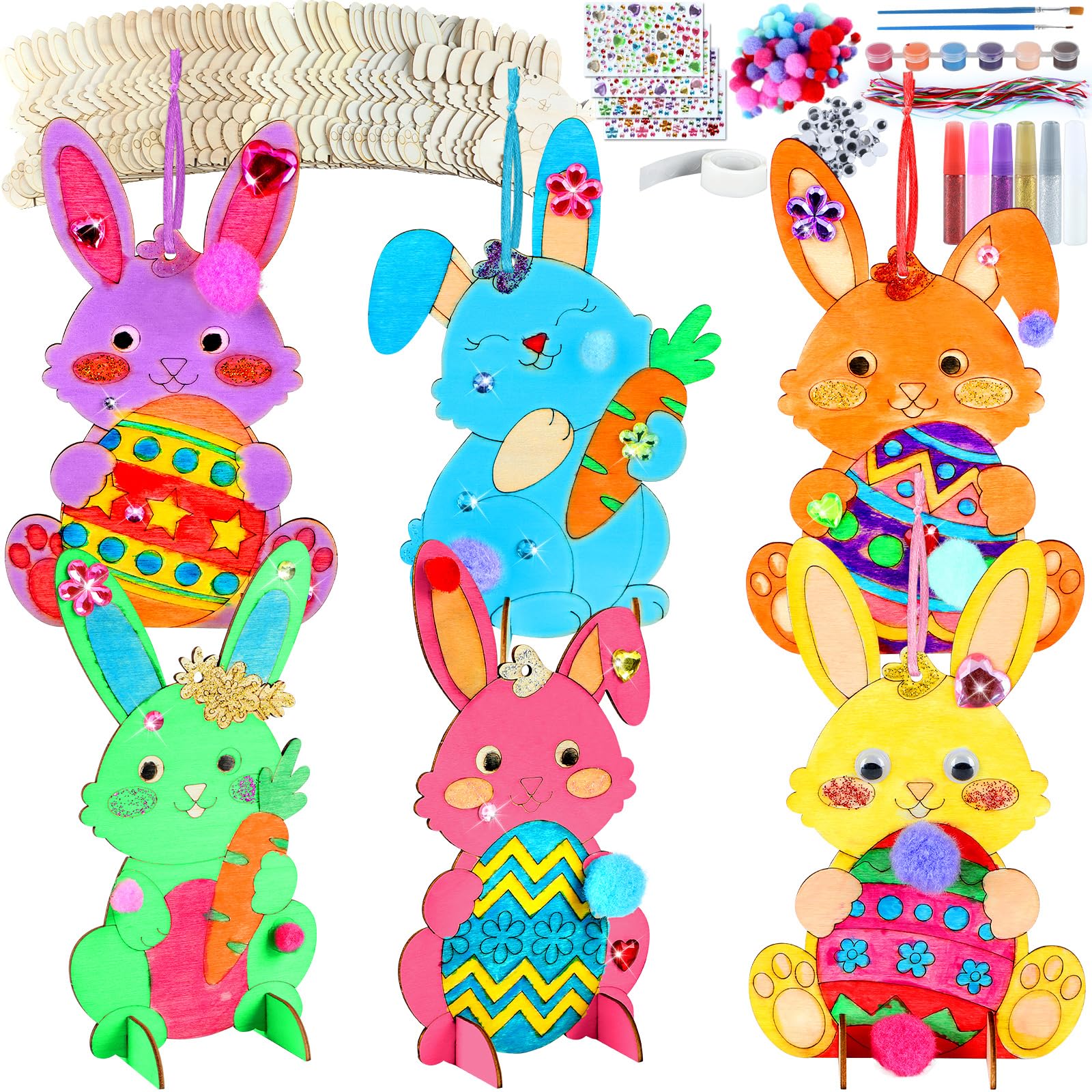 QOUBAI 36 Pack Easter Unfinished Wood Crafts for Kids DIY Coloring Easter Bunny Cutout DIY Easter Hanging Rabbit Wood Arts Crafts Ornaments for Party Favors Activities Gifts Spring Home Decorations