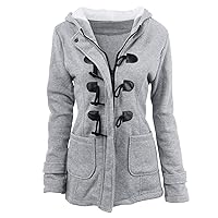 Women Winter Solid Sherpa Hooded Outerwear Horn Button Tunic Jackets Plus Size Long Sleeve Pea Coat with Pockets