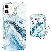 JIAXIUFEN Gold Sparkle Glitter Marble Slim Shockproof TPU Case for iPhone 11 and AirPods 2 & 1 Case - Blue