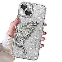 3D Butterfly Case for iPhone 15, Cute Girly Glitter Bling Luxury Quicksand Cover for Women Girls Protective Shockproof Slim Camera Protection (for iPhone 15)-Silver
