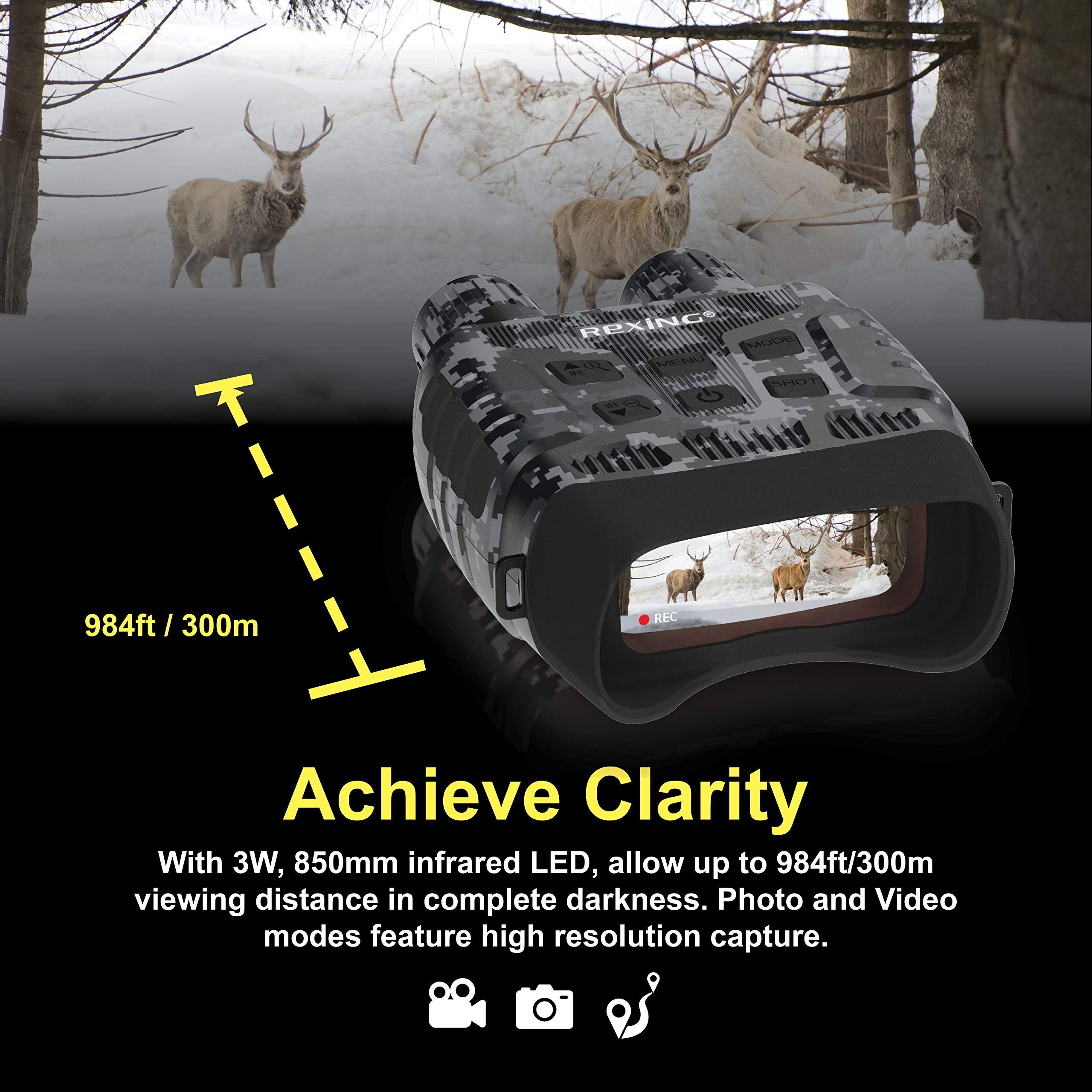 REXING B1 (Digital Camo) Night Vision Goggles Binoculars with LCD Screen,Infrared (IR) Digital Camera,Dual Photo + Video Recording for Spotting,Hunting,Tracking up to 300 Meters,Rexing-B1-DC