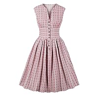 Flygo Women's V Neck Button Floral Sleeveless 1940s Day Swing 1950s Tea Dress