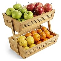Bamboo Fruit Basket for Kitchen Counter & Beyond | Elegant 2-Tier Vegetable & Fruit Holder Combines Beautiful Solid Bamboo & Breathable Rattan Mesh for Produce Storage & More