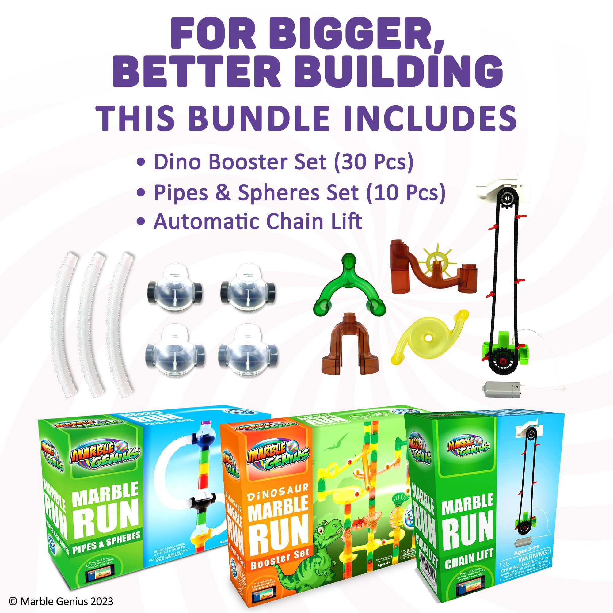 Marble Genius Bundle: Marble Run Booster Set (30 Pieces), Automatic Chain Lift, Marble Run Pipes & Spheres Accessory (10 Pieces), Experience The Thrills of Marble Racing