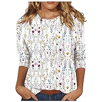 Womens Tops 3/4 Length Sleeve Round Neck Cute Floral Shirts Casual Ladies Blouses Print Trendy T Shirt Blouse