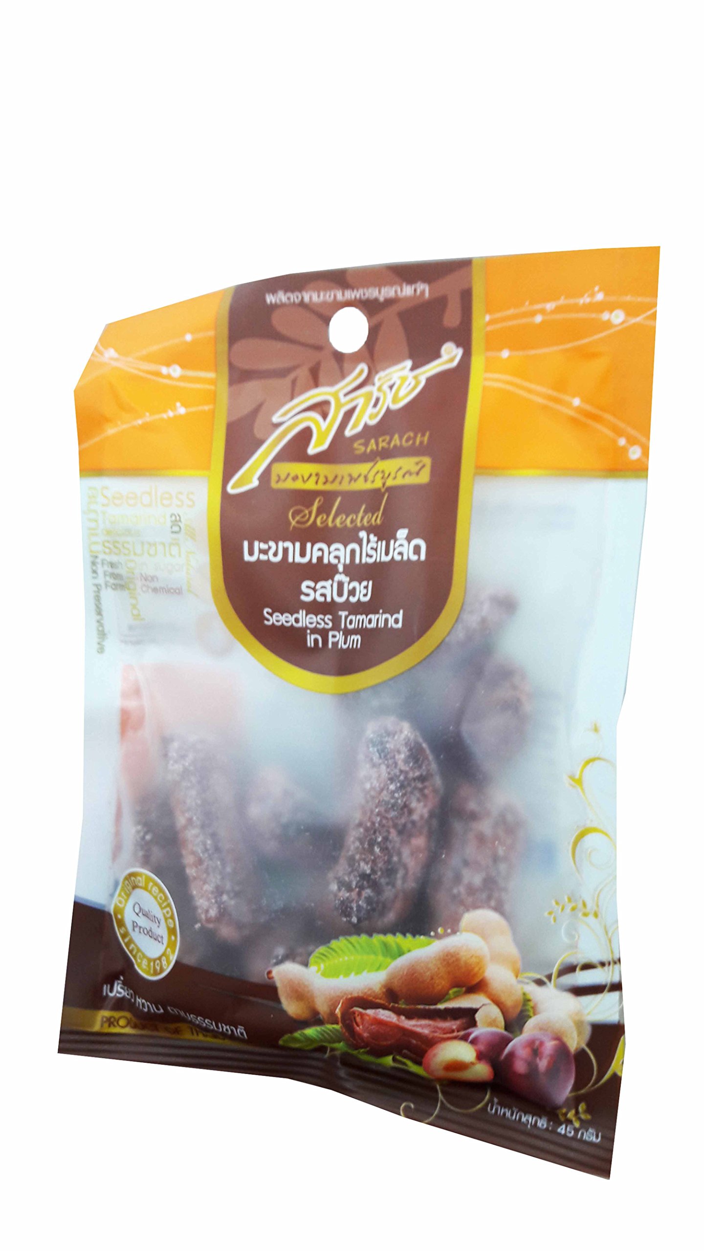 4 Packs of Seedless Tamarind in Plum, Selected Premium Delicious Snack By Sarach From Phetchabun Province, Thailand (45 G./pack)