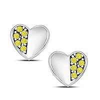 Alloy Round Created Yellow-Sapphire 14k White Gold Plated Half Pave Heart Earrings For Girls and Women's