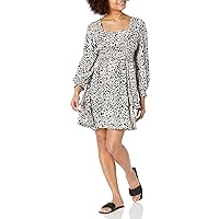 Angie Women's Long Sleeve Floral Dress with Smocked Waist and Tie Back, Black-White, Large