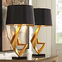 Possini Euro Design Possini Euro Zeus Gold Leaf Modern Table Lamps with Black Shades Set of 2