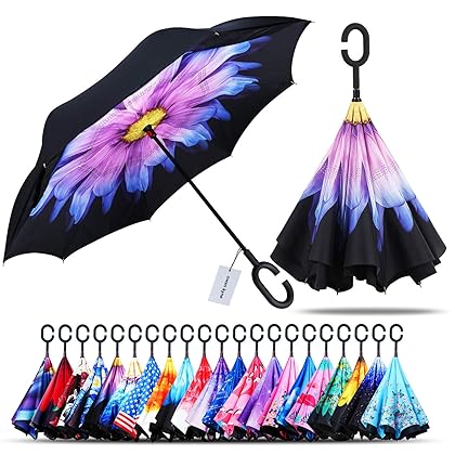 Owen Kyne Windproof Double Layer Folding Inverted Umbrella, Self Stand Upside-down Rain Protection Car Reverse Umbrellas with C-shaped Handle