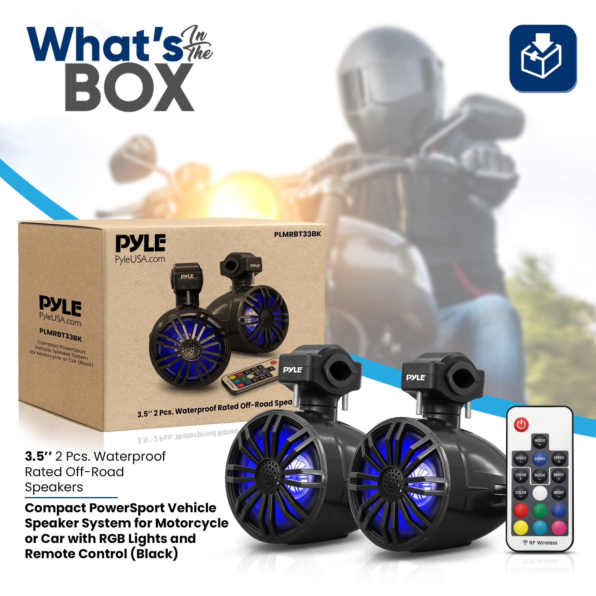 Pyle Bluetooth Waterproof Off-Road Speakers - 3.5” 40W Marine Grade Woofer Sound System w/RGB Light, Full Range Outdoor Audio Stereo Speaker for Motorcycle, ATV, Jeep, Boat, Includes Brackets (Black)