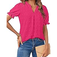 MEROKEETY Women's 2024 Summer V Neck Blouse Puff Sleeve Swiss Dot Business Casual Cute Shirts Tops