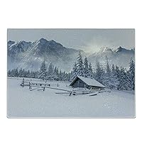 Lunarable Mountain Cutting Board, Old Farm House by the Mountain in the Winter Season Cold Times in Rural Nature Scene, Decorative Tempered Glass Cutting and Serving Board, Large Size, White