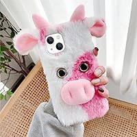 LUVI 3D Cute for iPhone 13 Case Plush Furry Fuzzy for Women Fuzzy Fluffy Cartoon Cow Fur Hair Girly Protection Cover for iPhone 13 Phone Case Pink