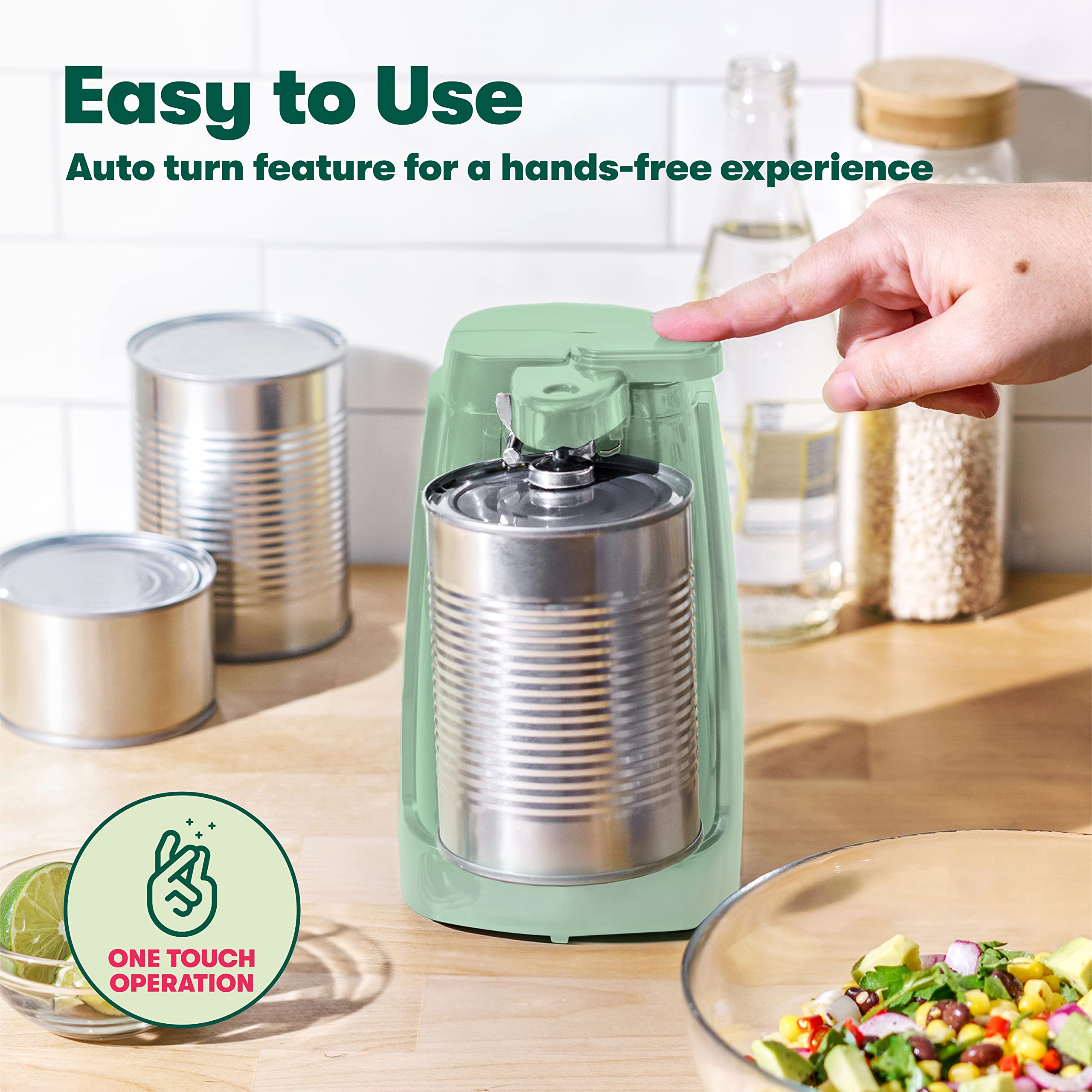 BELLA Electric Can Opener and Knife Sharpener, Multifunctional Jar and Bottle Opener with Removable Cutting Lever and Cord Storage, Stainless Steel Blade, Sage