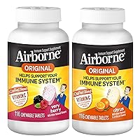 Airborne 1000mg Vitamin C Chewable Tablets Citrus & Very Berry Flavor Bundle - Immune Support Supplement with Zinc and Powerful Antioxidant Vitamins A C & E, (2x116ct bottles)*