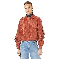 [BLANKNYC] Womens Luxury Clothing Faux Suede Fringe Shirt Jacket, Comfortable & Stylish Coat, Bounce Back, Large