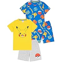 Pokemon Boys 2 Pack Pyjama Set | Kids Pokémon T-Shirt & Shorts PJs Bundle | Yellow Pikachu & Blue All Over Print Pajamas