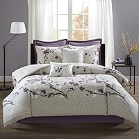 Madison Park Cozy Comforter Nature Scenery Design - All Season Bedding, Matching Bed Skirt, Decorative Pillows, Holly, Floral Purple/Taupe Queen(90