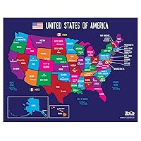 Map of USA 50 States with Capitals Poster - Laminated, 17 x 22 inches - Colorful Complete Map of United States for Children - North America, US Wall Map - Classroom & Homeschool