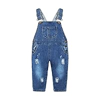 KIDSCOOL SPACE Baby Little Snap Leg/Crotch Mettal Buttons Reipped Denim Overalls