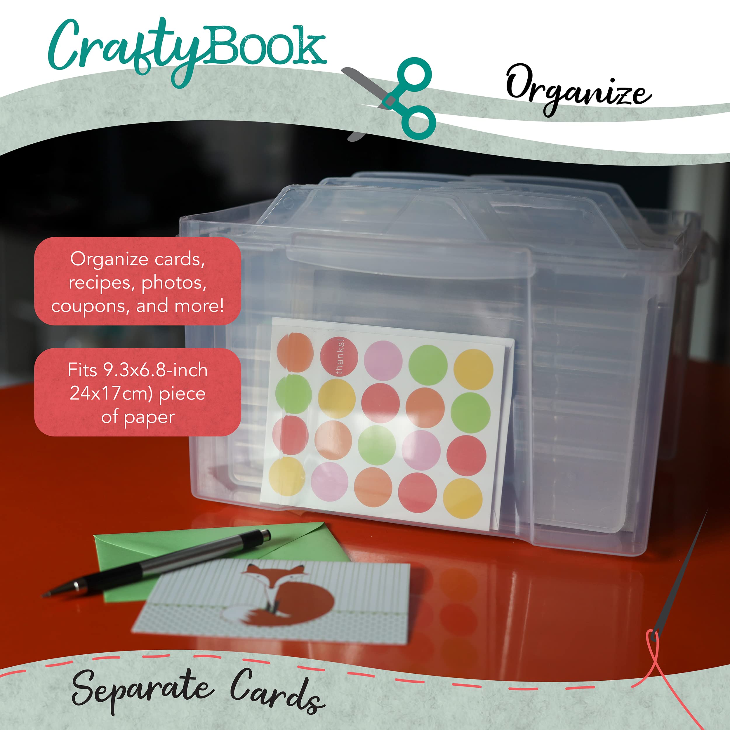 CraftyBook All Occasion Card Storage Box - Clear Plastic Organizer Assorted Card Box with 6 Adjustable Dividers