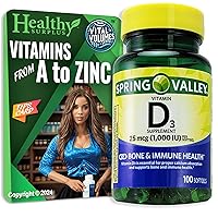 Spring Valley Vitamin D3 | 25 mcg (1,000 IU) 100 Softgels and Vital Volumes Vitamins A to Zinc Tips Card (1) | Bundle