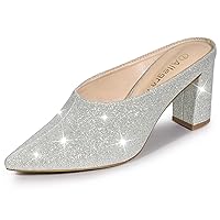 Allegra K Women's Glitter Pointed Toe Slip on Chunky Heels Slide Mules