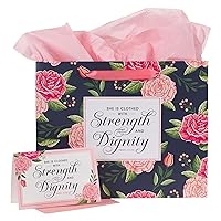 Christian Art Gifts Large Landscape Scripture Gift Bag w/Blank Greeting Card & Wrapping Tissue Paper Set for Women: Strength & Dignity Inspirational Bible Verse Proverb, Beautiful Pink Roses for