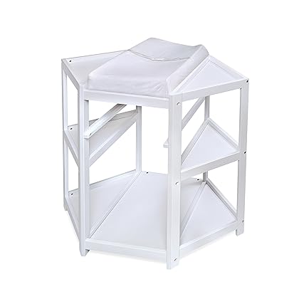 Badger Basket Corner Diaper Changing Table with Laundry Hamper, Storage Bin, and Contoured Pad for Baby - White